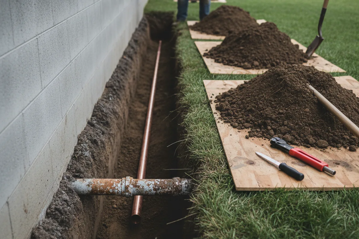 Excavated water line trench during Water Softener Installation in Southborough
